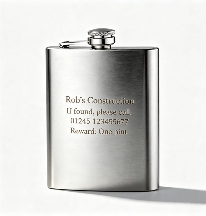 Stainless steel hip flask engraved with a personalised message