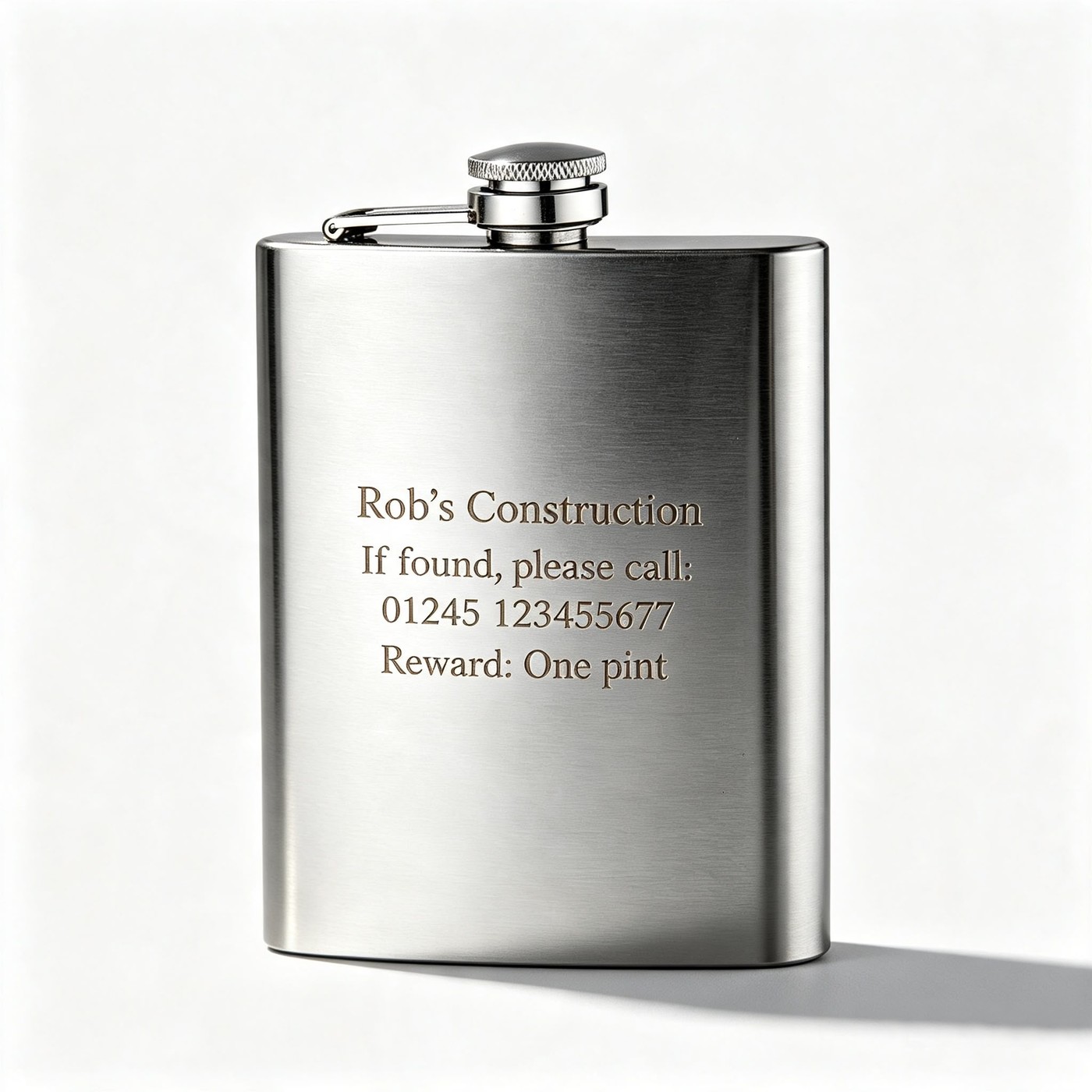 Stainless steel hip flask engraved with a personalised message